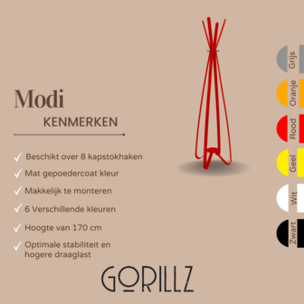 Gorillz Modi - kapstok staand- staande kapstok - 8 haken - Metaal -  170 cm - Rood