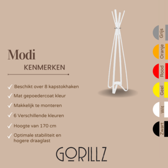 Gorillz Modi - kapstok staand - staande kapstok - 8 haken - Metaal - 170 cm - Wit