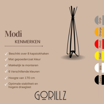 Gorillz Modi - kapstok staand - Staande Kapstok - 8 haken - Metaal - 170 cm - Zwart