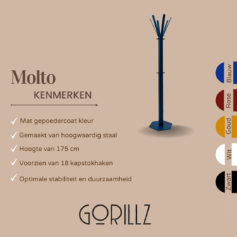 Gorillz Molto  - Staande Kapstok - 18 kapstokhaken Staande Kleerhanger (175 x 35 x 40 cm) - Metaal- Blauw 