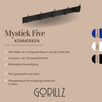 Gorillz Mystiek Five - Wandkapstok - 10 kapstok haken - Zwart