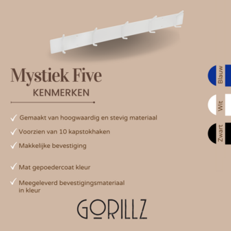 Gorillz Mystiek Five - Wandkapstok - 10 kapstok haken - Wit