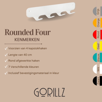 Gorillz Rounded Four - Wandkapstok - 40x6x7,8cm - Wit