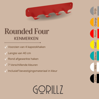 Gorillz Rounded Four - Wandkapstok - 40x6x7,8cm - Rood
