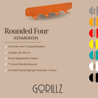 Gorillz Rounded Four - Wandkapstok - 40x6x7,8cm - Oranje