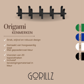 Gorillz Wandkapstok Origami - Wandkapstok - 20 haken - Zwart