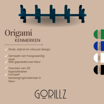 Gorillz Wandkapstok Origami - Wandkapstok - 20 haken - Blauw