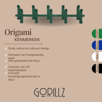 Gorillz Wandkapstok Origami - Wandkapstok - 20 haken - Groen