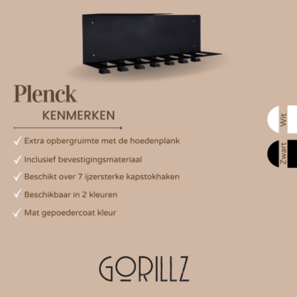 Gorillz Plenck - Wandkapstok met Hoedenplank - Kapstok Metaal - 70 x 15 x 25 cm - Zwart