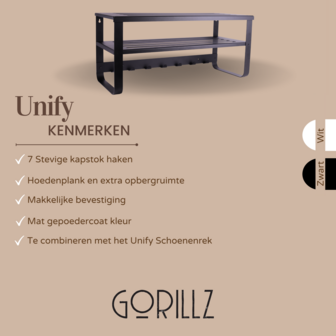 Gorillz Unify Wandkapstok met Hoedenplank en Extra Ruimte - 7 kapstok Haken - Zwart