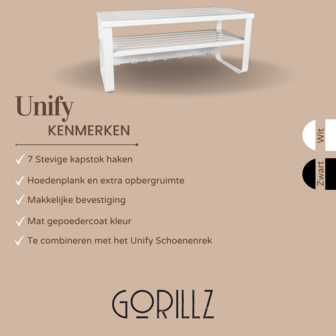 Gorillz Unify Wandkapstok met Hoedenplank en Extra Ruimte - 7 Kapstok Haken - Wit