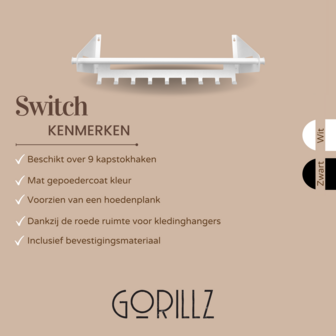 Gorillz Switch - Wandkapstok Met Opbergrek - 9 Kapstok Haken - Ruimte voor kleerhaken - Wit