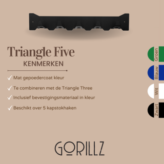 Gorillz Triangle Five - Wandkapstok - 5 haken - 70 x 5 x 12 cm - Zwart 