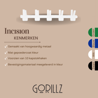 Gorillz Incision - Wandkapstok - 10 kapstokhaken - Wit