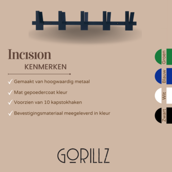 Gorillz Incision - Wandkapstok - 10 kapstokhaken - Blauw