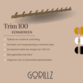 Gorillz Trim 100 - Kapstok van 1 meter - 22 Haken - Metaal - Mat Goud