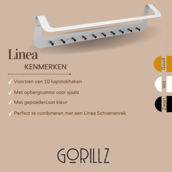 Gorillz Linea - Wandkapstok Met Kledinghanger - Hangende Wandkapstok - 10 Kapstok Haken - Wit