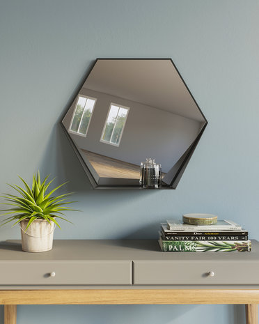 Gorillz Hive Wandspiegel met Plank - Hexagon Spiegel Hangend - 60 x 52 cm - Industrieel Zwart