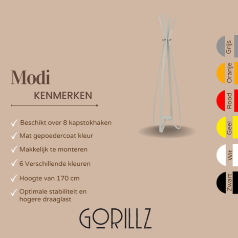 Gorillz Modi - kapstok staand- staande kapstok - 8 haken - Metaal - 170 cm - Grijs