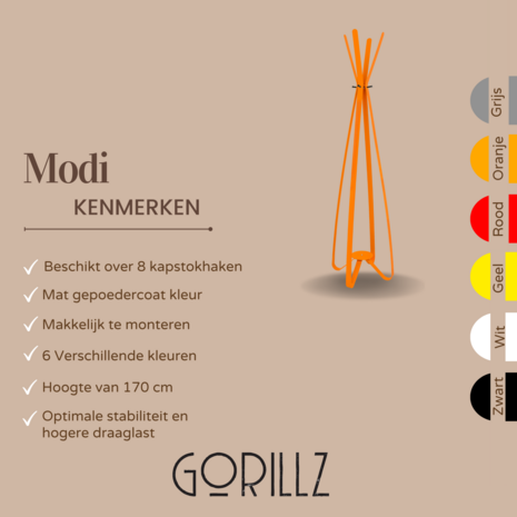 Gorillz Modi - kapstok staand- staande kapstok - 8 haken - Metaal - 170 cm - Oranje