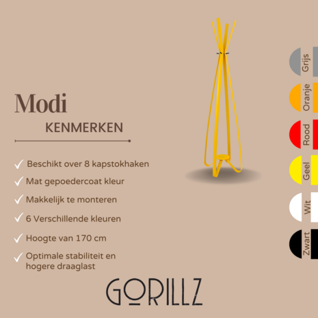 Gorillz Modi - kapstok staand- staande kapstok - 8 haken - Metaal - 170 cm - Geel