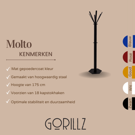 Gorillz Molto  - Staande Kapstok - 18 kapstokhaken Staande Kleerhanger (175 x 35 x 40 cm) - Metaal- Zwart 