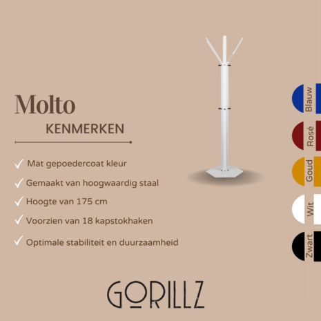 Gorillz Molto  - Staande Kapstok - 18 kapstokhaken Staande Kleerhanger (175 x 35 x 40 cm) - Metaal - Wit 