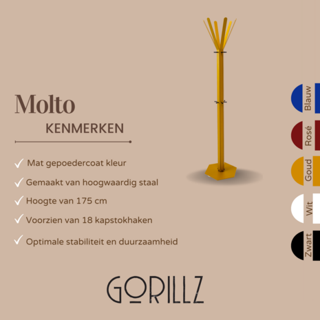 Gorillz Molto  - Staande Kapstok - 18 kapstokhaken Staande Kleerhanger (175 x 35 x 40 cm) - Metaal- Goud