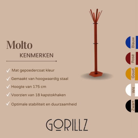 Gorillz Molto  - Staande Kapstok - 18 kapstokhaken Staande Kleerhanger (175 x 35 x 40 cm) - Metaal- Koper Bruin