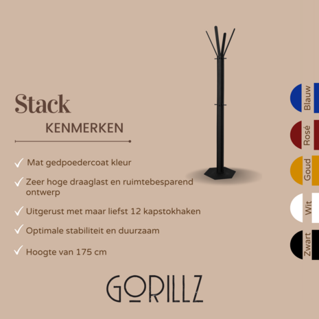 Gorillz Stack - Kapstok Staand - Staande kapstok	- Metaal - 12 Kapstok haken - 174,5 cm - Zwart