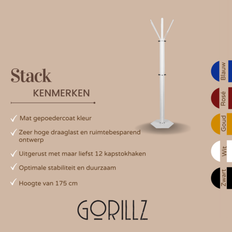 Gorillz Stack - Kapstok Staand - Staande kapstok	- Metaal - 12 Kapstok haken - 174,5 cm - Wit