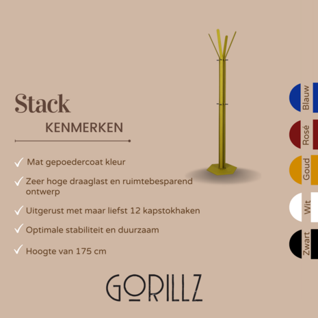 Gorillz Stack - Kapstok Staand - Staande kapstok	- Metaal - 12 Kapstok haken - 174,5 cm - Goud / Gold