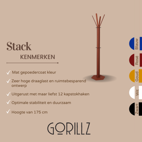 Gorillz Stack - Kapstok Staand - Staande kapstok	- Metaal - 12 Kapstok haken - 174,5 cm - Koperbruin
