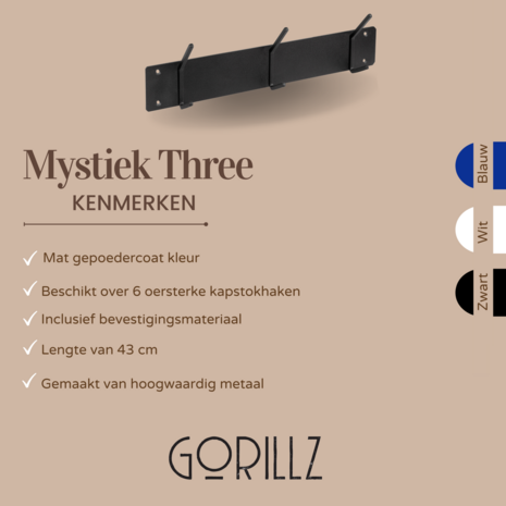 Gorillz Mystiek Three - Wandkapstok - 6 Kapstok haken - Zwart