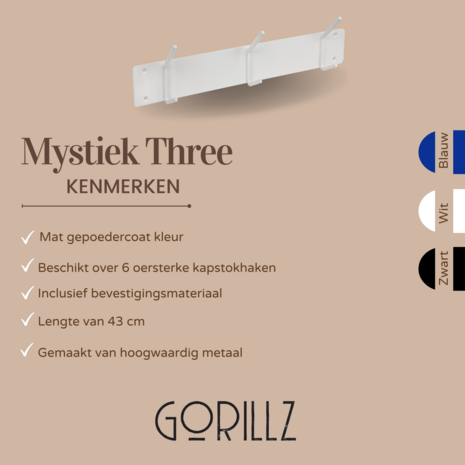 Gorillz Mystiek Three - Wandkapstok - 6 Kapstok haken - Wit