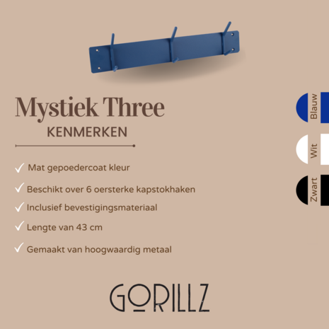 Gorillz Mystiek Three - Wandkapstok - 6 Kapstok haken - Blauw
