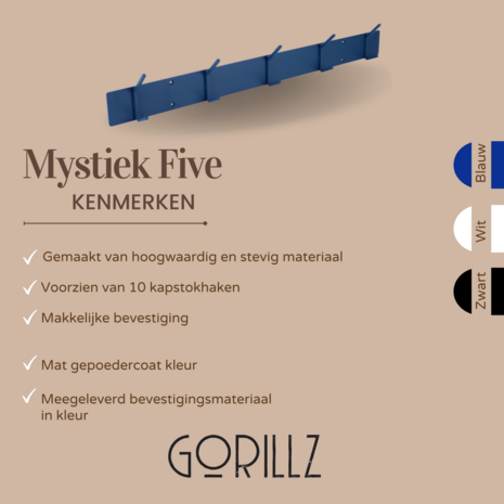Gorillz Mystiek Five - Wandkapstok - 10 kapstok haken - Blauw