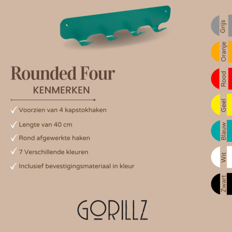 Gorillz Rounded Four - Wandkapstok - 40x6x7,8cm - Turqoise