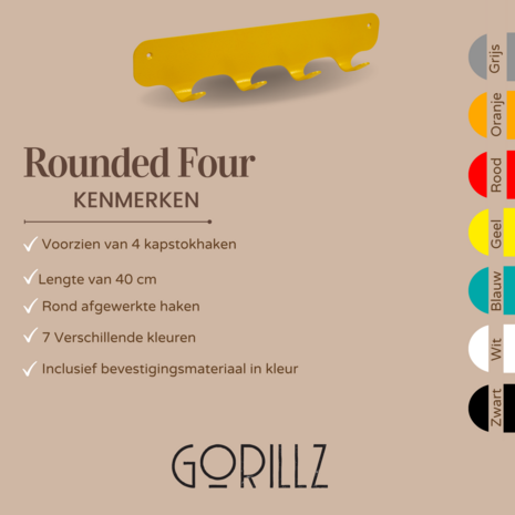 Gorillz Rounded Four - Wandkapstok - 40x6x7,8cm - Geel