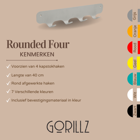 Gorillz Rounded Four - Wandkapstok - 40x6x7,8cm - Grijs