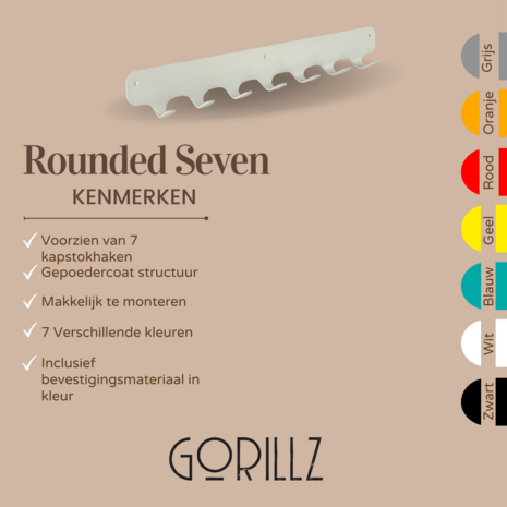 Gorillz Rounded Seven - Wandkapstok - 67 x 6 x 7,8 mm - Grijs