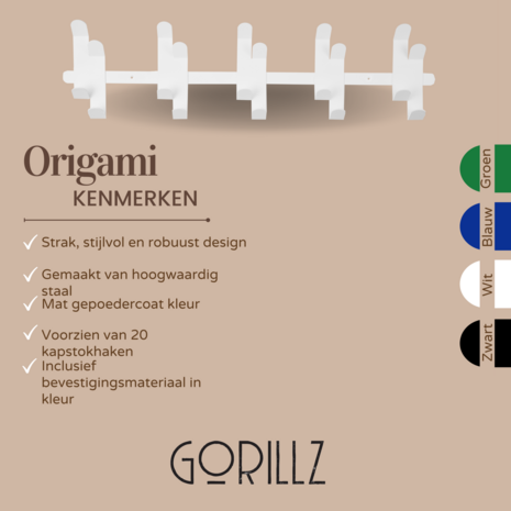Gorillz Wandkapstok Origami - Wandkapstok - 20 haken - Wit