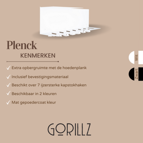 Gorillz Plenck - Wandkapstok met Hoedenplank - Kapstok Metaal - 70 x 15 x 25 cm - Wit