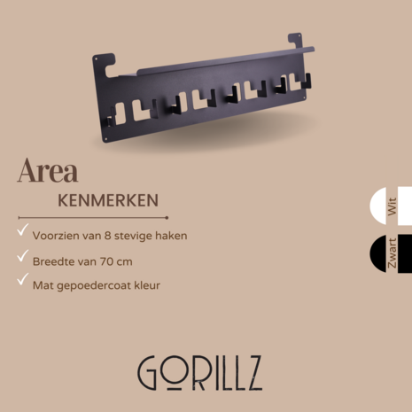 Gorillz Area - Kapstok -Wandkapstok Met Hoedenplank - 8 KapstokHaken 70 CM Muurkapstok- Zwart
