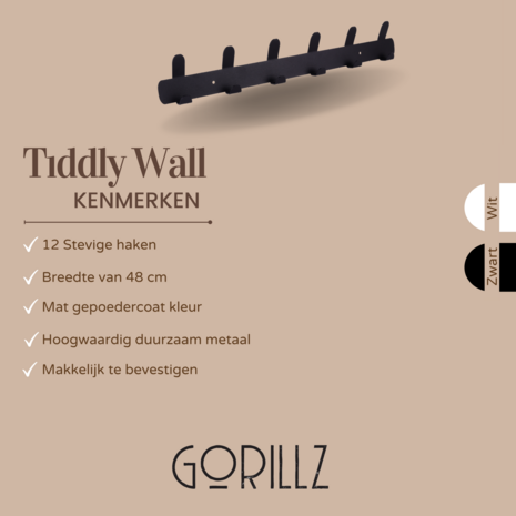 Gorillz Tiddly Kapstok - 12 Haken - Metaal - Zwart