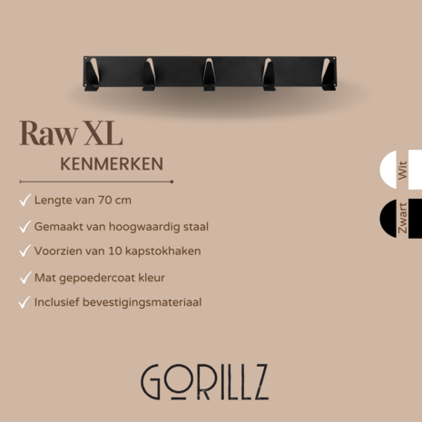 Gorillz Raw XL - Industrieel Wandkapstok- 70 cm- 10 Kapstok Haken - Zwart