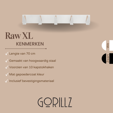 Gorillz Raw XL - Industrieel kapstok wandkapstok - 10 Kapstok haken - 70cm - Wit