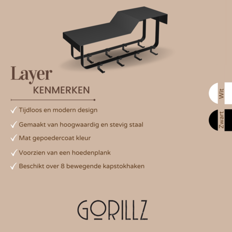 Gorillz Layer - Wandkapstok Met Hoedenplank - 8 Verschuifbare Kapstok Haken - Zwart