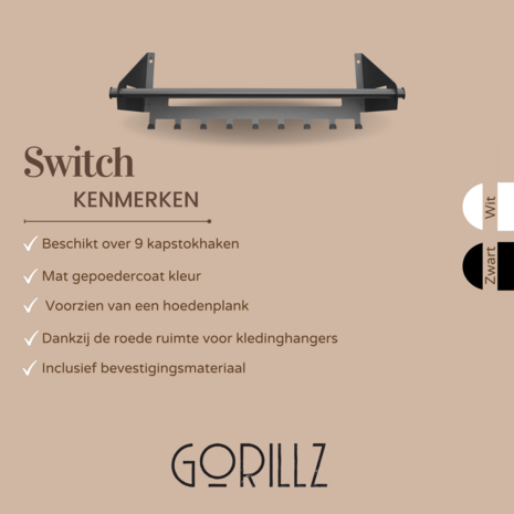 Gorillz Switch - Wandkapstok Met Opbergrek - 9 Kapstok Haken - Ruimte voor kleerhaken - Zwart