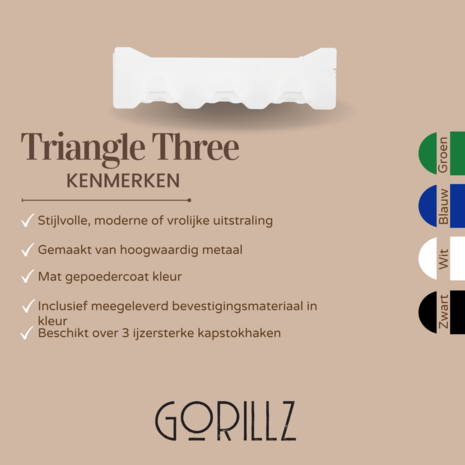 Gorillz Triangle Three - Wandkapstok - 44 x 5,6 x 12 cm - Wit